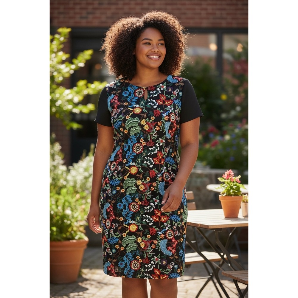 New York & Co Floral Embroidered Black Sheath Dress Sz 14 Business Party Retro